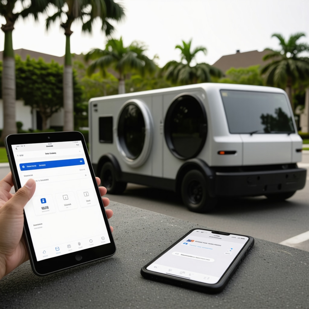 Smart home interface and AR fabric diagnostics with eco-friendly laundry pickup truck in Tampa urban setting