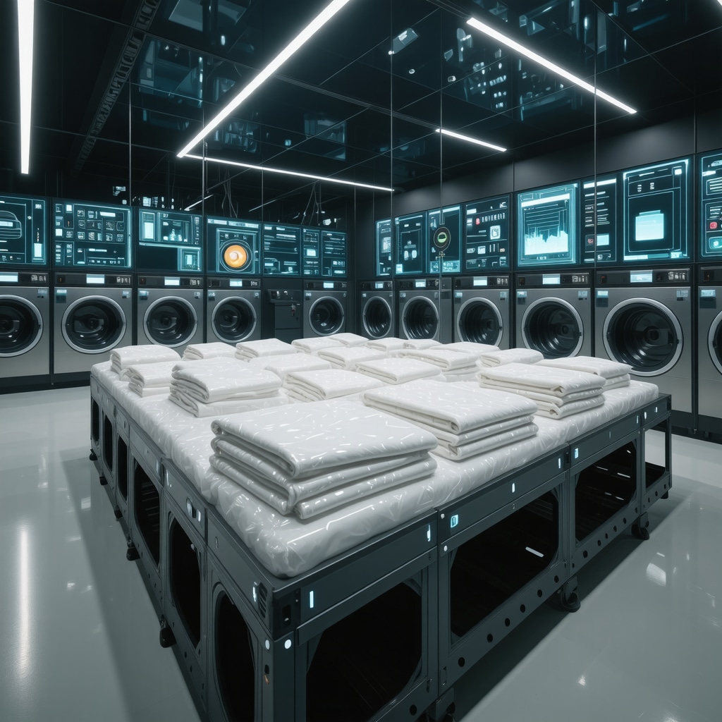 High-tech laundry facility with AI sorting and blockchain visualization for folded laundry services