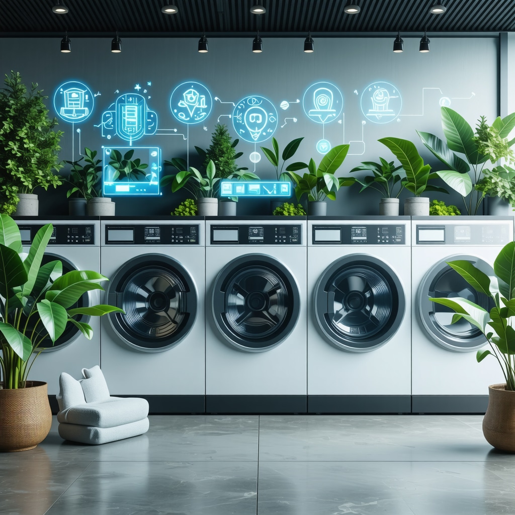 Illustration of AI-powered washing machines and sustainability icons in a modern laundry setting