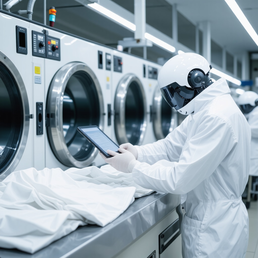 AI-powered laundry sorting robots and technicians managing special care laundry