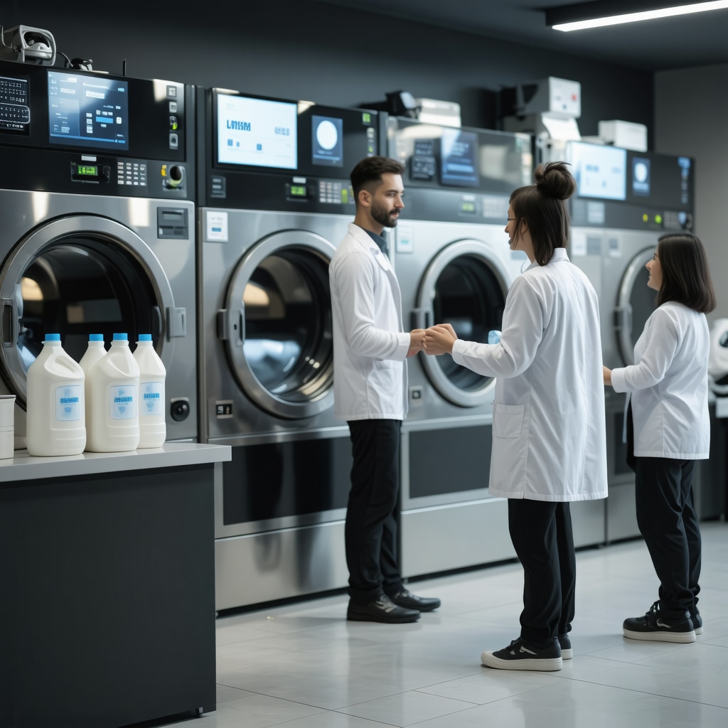 IoT-enabled washing machines, eco-friendly hypoallergenic detergents, and dermatologist consultation in a modern laundry facility