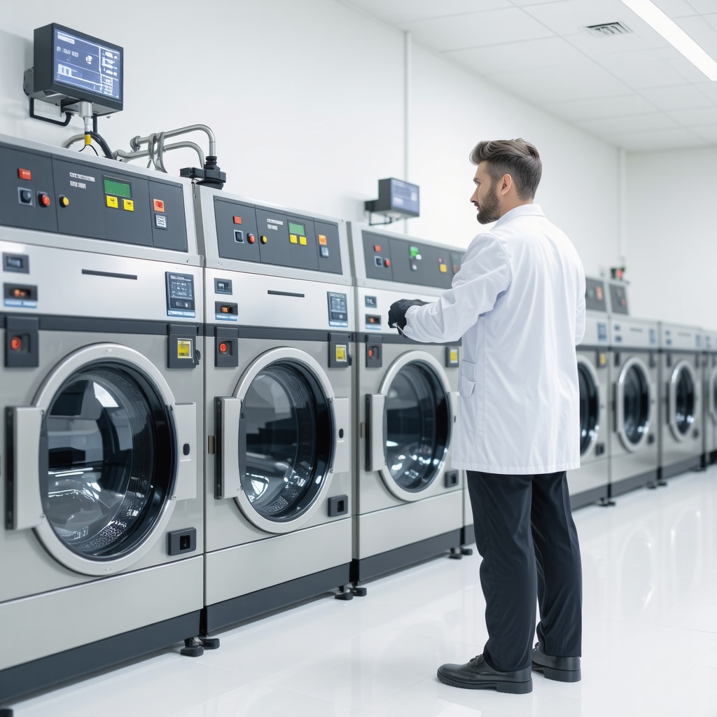 Dermatologist consulting client in modern laundry with ozone and steam cleaning equipment