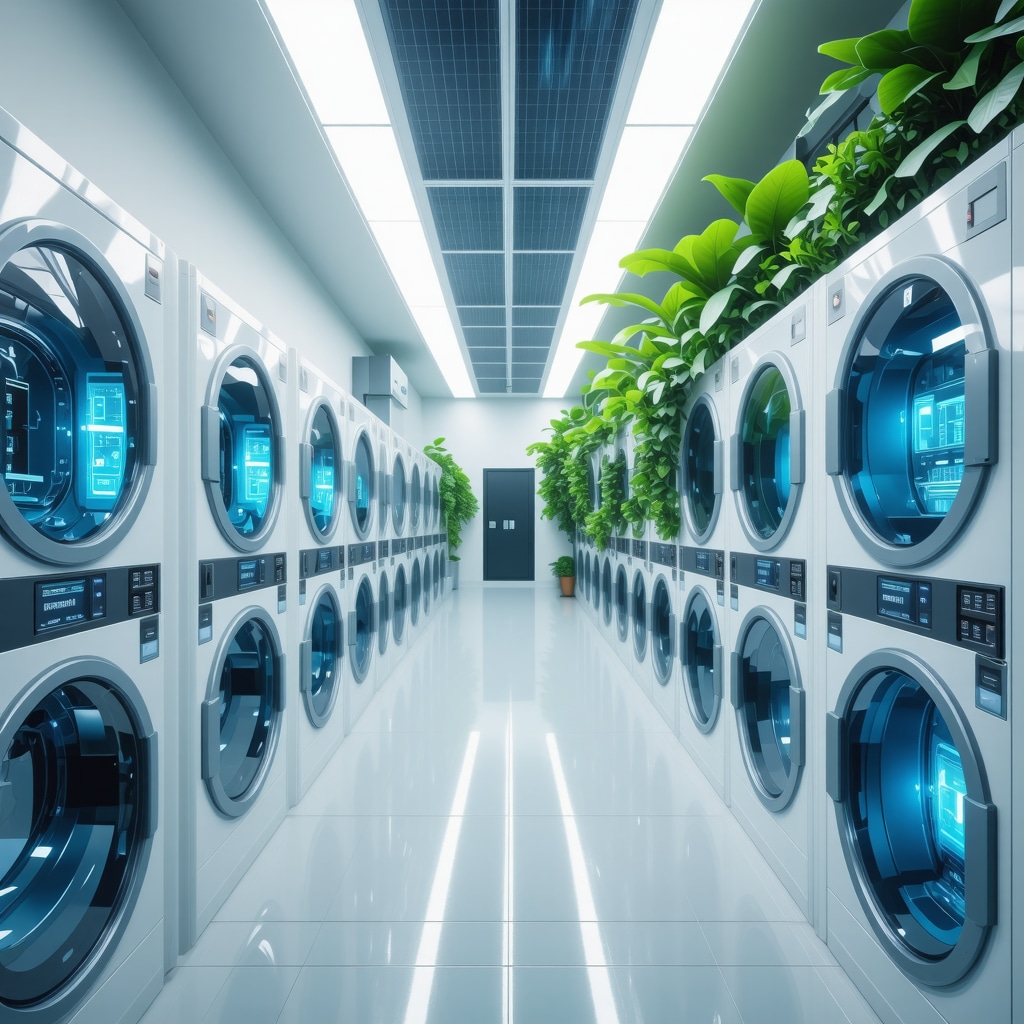 High-tech contactless laundry facility featuring cold plasma sanitization and blockchain data screens with eco-friendly design elements