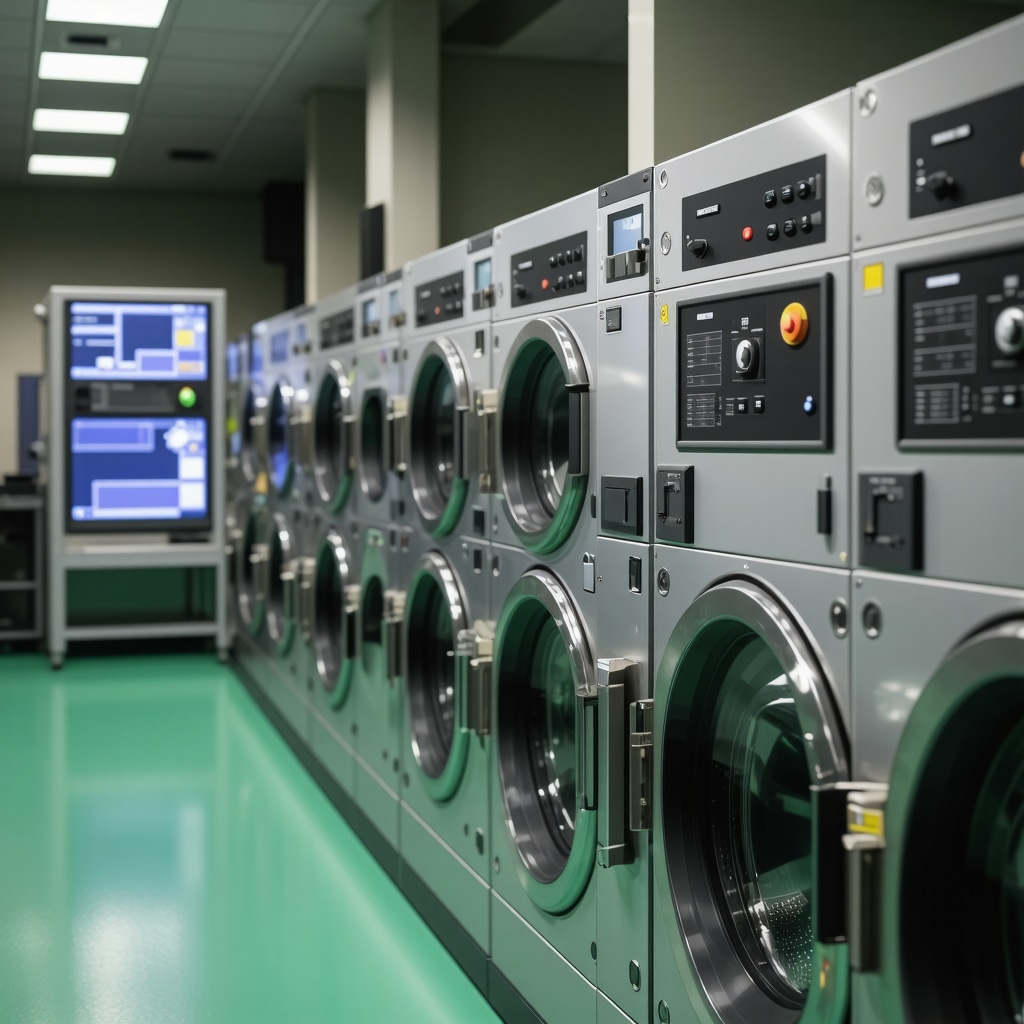 Modern dry cleaning facility using eco-friendly solvents and ultrasonic cleaning with digital tracking screens