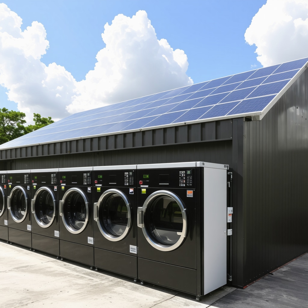 Eco-friendly laundry facility in Tampa with solar panels, energy-efficient machines, and reusable garment bags