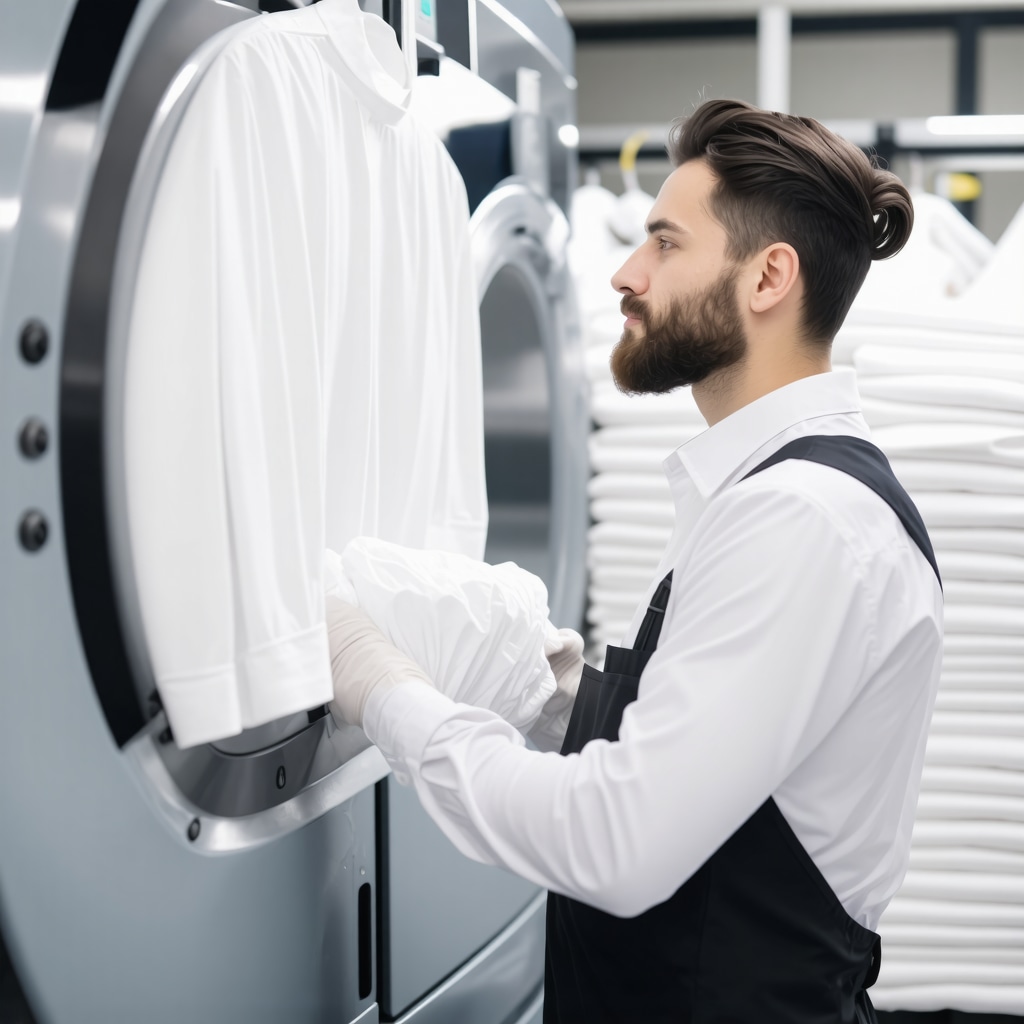 Laundry technician applying ozone washing for delicate fabrics with neatly folded clothes in background