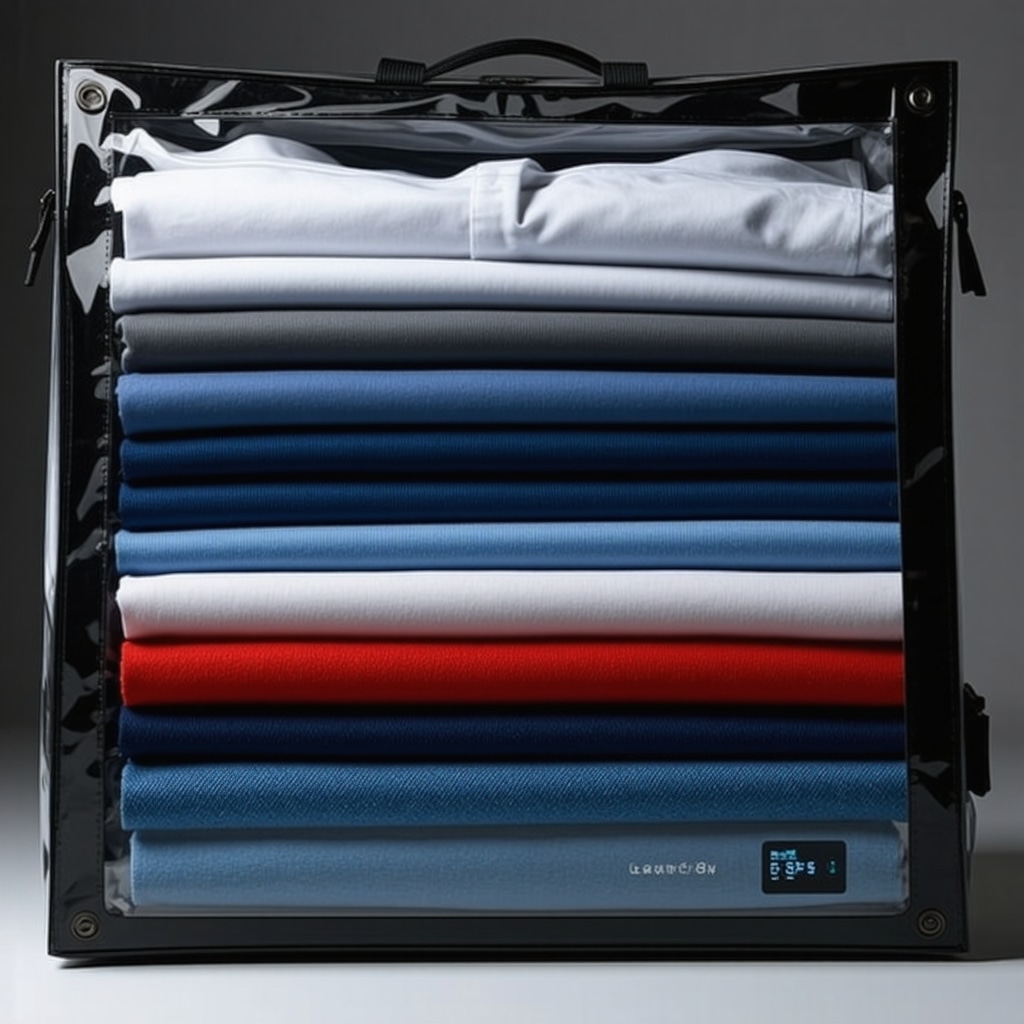 Neatly folded fabrics in modular garment carrier with digital sensors monitoring environment