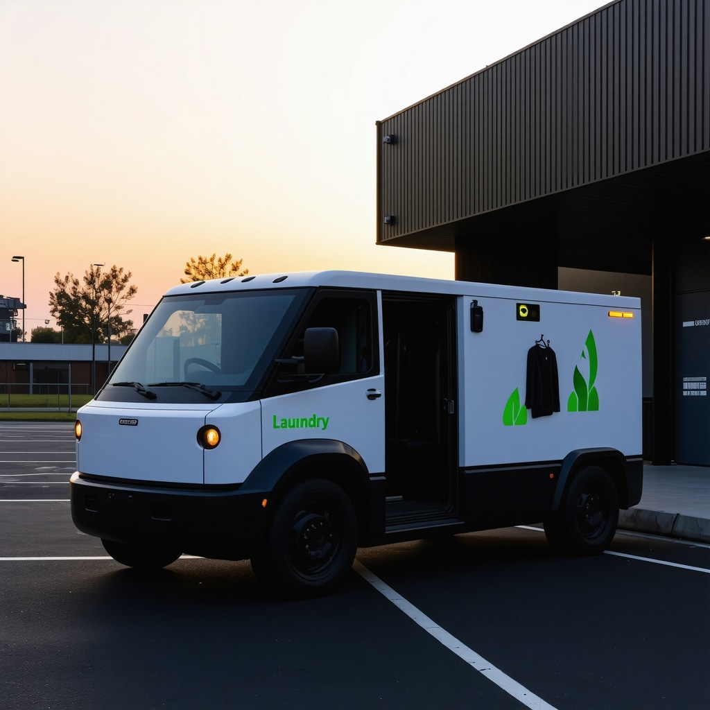 Laundry pickup vehicle with IoT sensors and eco-friendly branding outside a gym