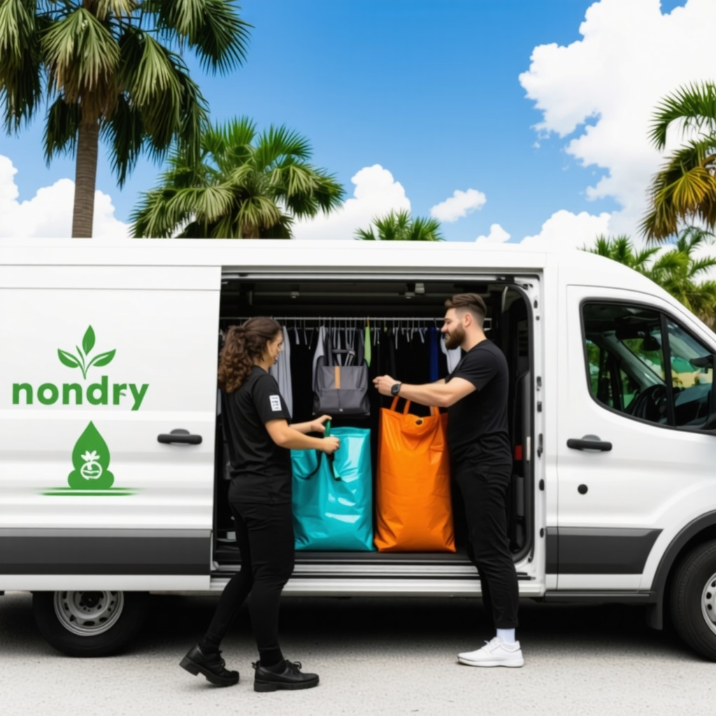 Laundry pickup van with AI sensors and eco-friendly design in Tampa neighborhood