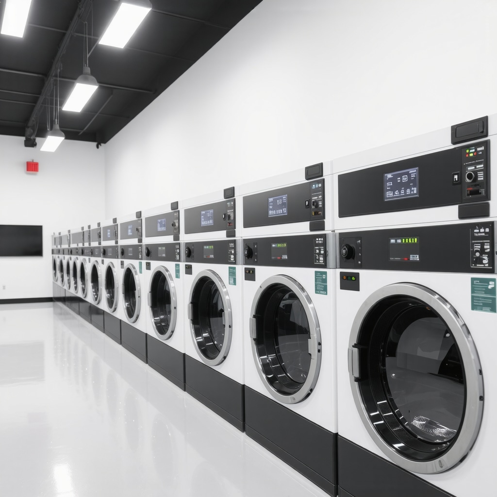 Laundry facility with ozone washing machines and AI logistics screens representing advanced laundry technologies in Tampa Bay