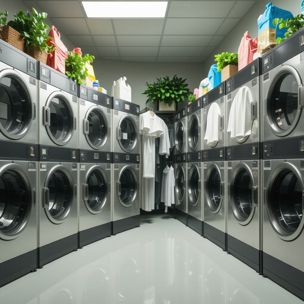 High-tech laundry facility with IoT sensors, RFID-tagged garments, AI chatbot interface, and eco-friendly systems