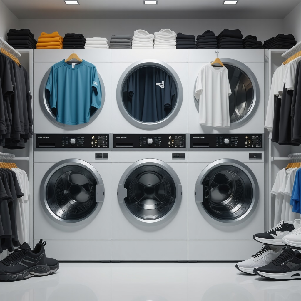 Modern laundry machines with digital controls cleaning athletic clothes