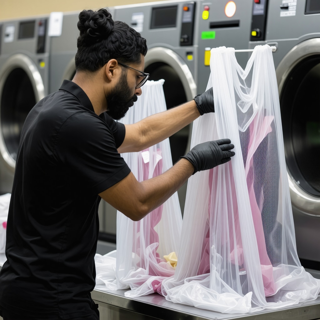 Laundry technician placing silk garments into breathable mesh bags in Tampa's modern laundry service