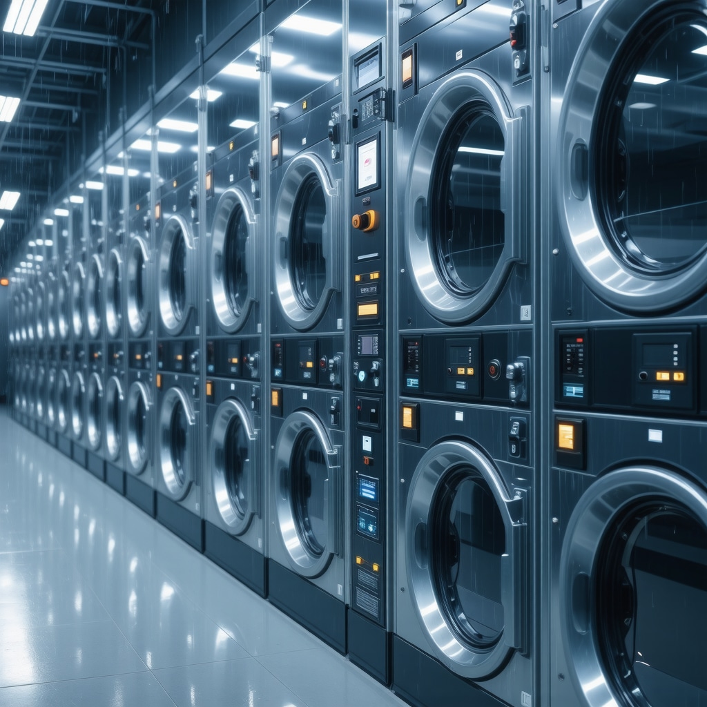 Modern pickup laundry facility showcasing AI machines and sustainable water recycling with blockchain digital elements