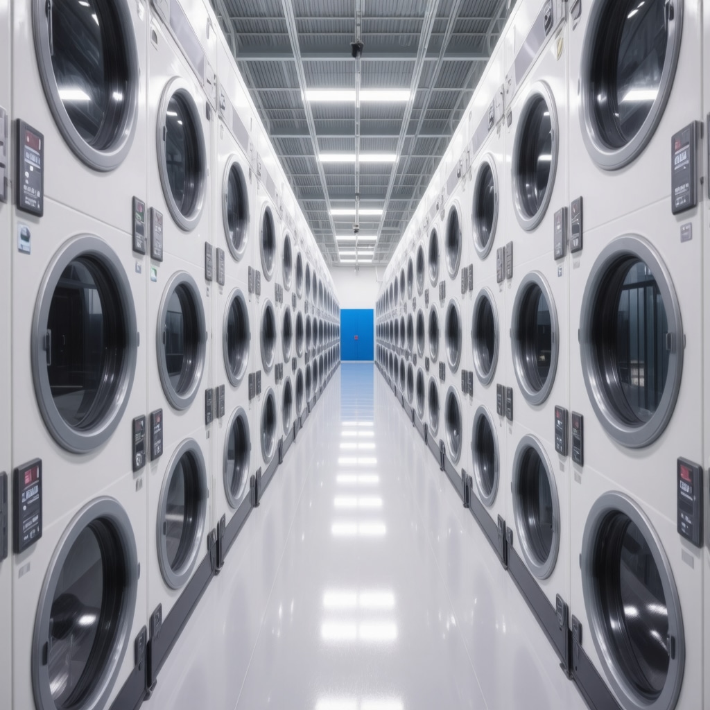 Interior view of a modern laundry facility in Tampa featuring advanced machinery and digital control panels for fabric care adapted to humid climate