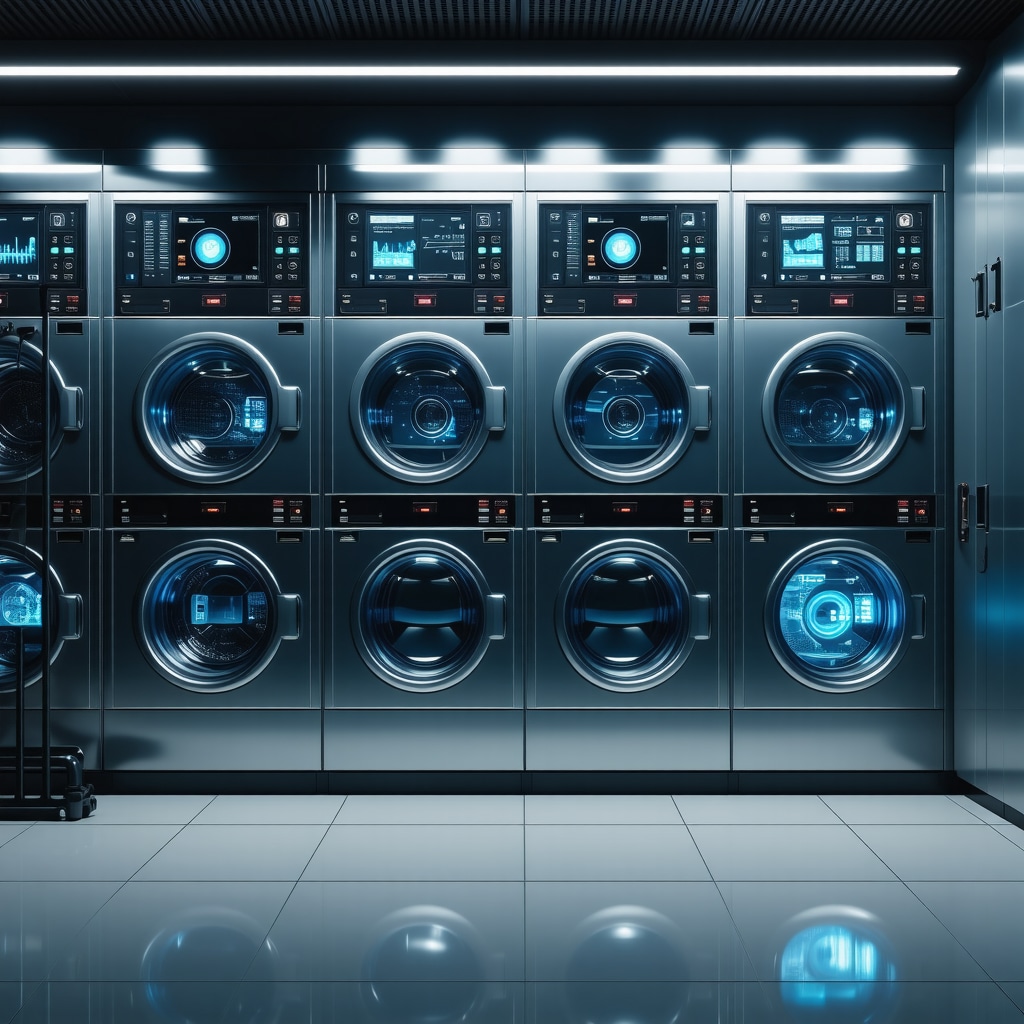 IoT and AI technology in laundry facility showcasing smart sensors and blockchain interfaces