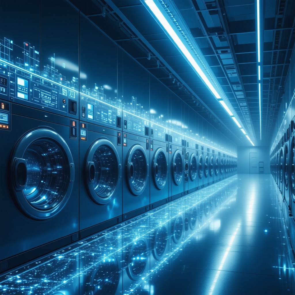 High-tech laundry facility with AI and IoT sensors demonstrating blockchain ledger for linen tracking