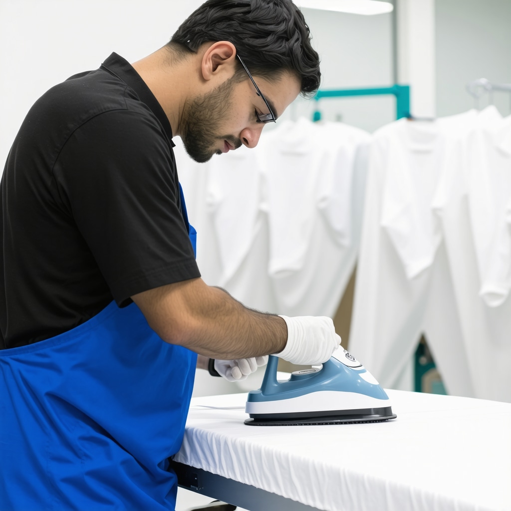 Technician carefully ironing silk and linen fabrics with advanced steam press in Tampa
