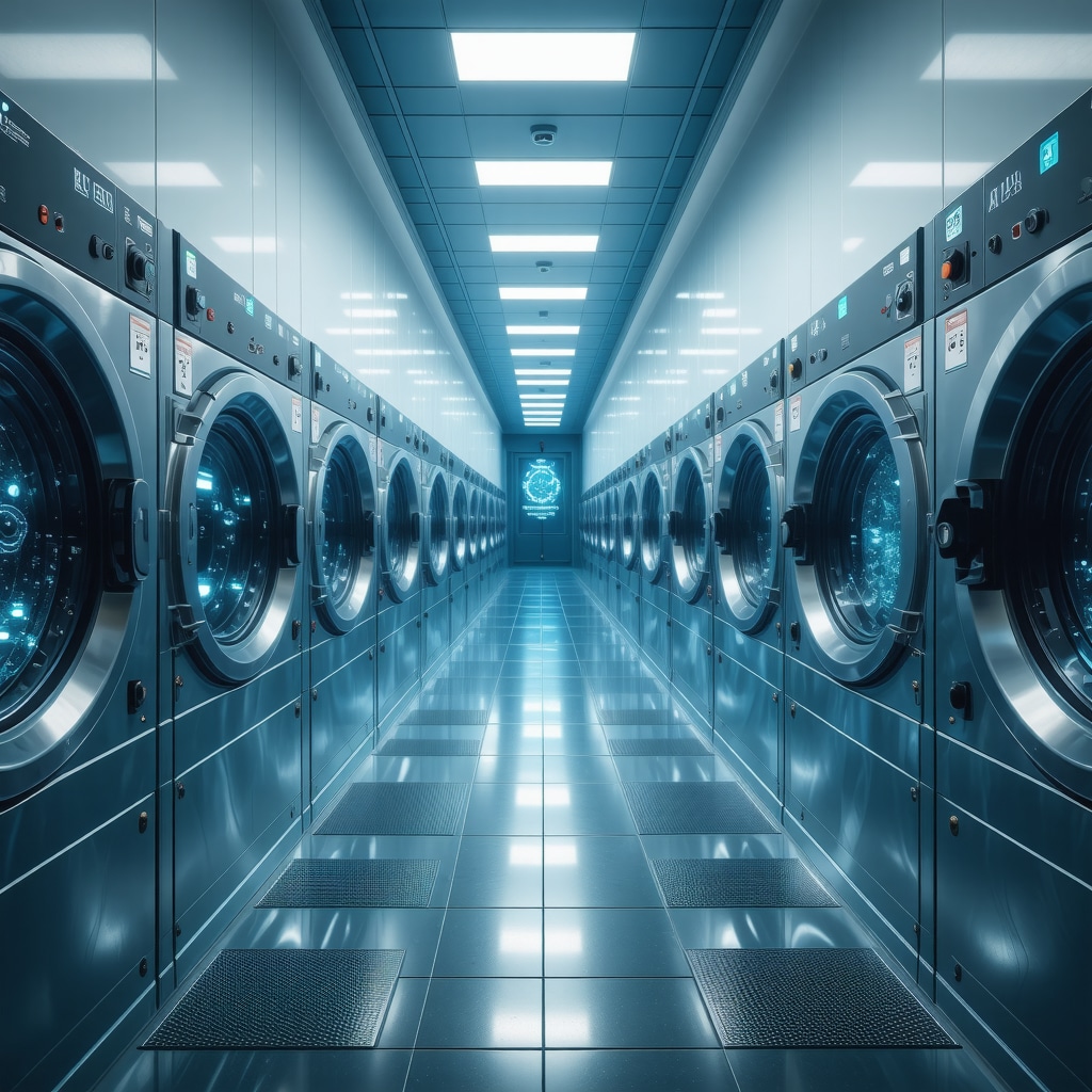 Laundry facility with blockchain and AI technology overlays representing allergen-free laundry delivery