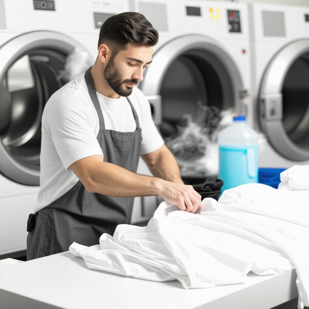 Professional laundry technician folding clothes with steamers and eco-friendly detergents