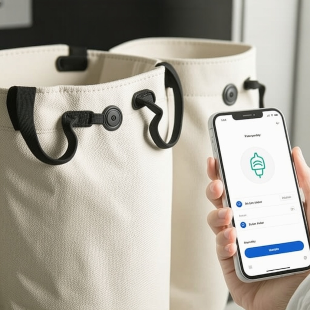 Close-up of antimicrobial fabric reusable laundry bags with NFC tags and smartphone showing digital tracking interface