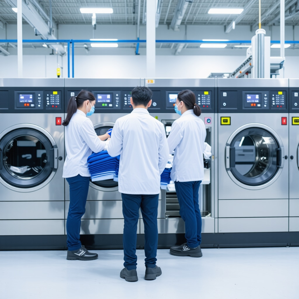 High-tech laundry facility with automated sorting and skilled technician handling delicate fabrics and eco-friendly water recycling