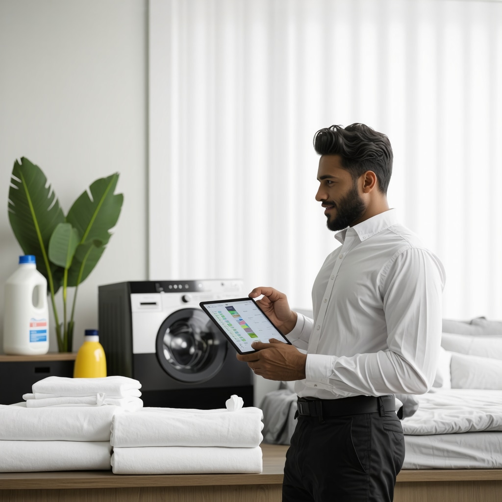 Airbnb host using tablet for laundry pickup scheduling with folded linens and eco-friendly detergents