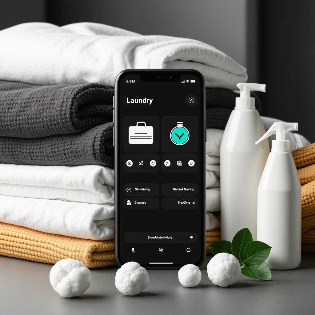 Smartphone showing laundry pickup app with scheduling options next to folded linens and green detergent bottles