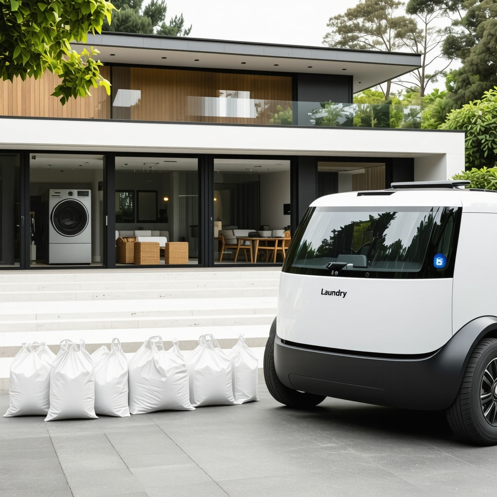 Futuristic autonomous vehicle delivering laundry at a smart home with IoT integration
