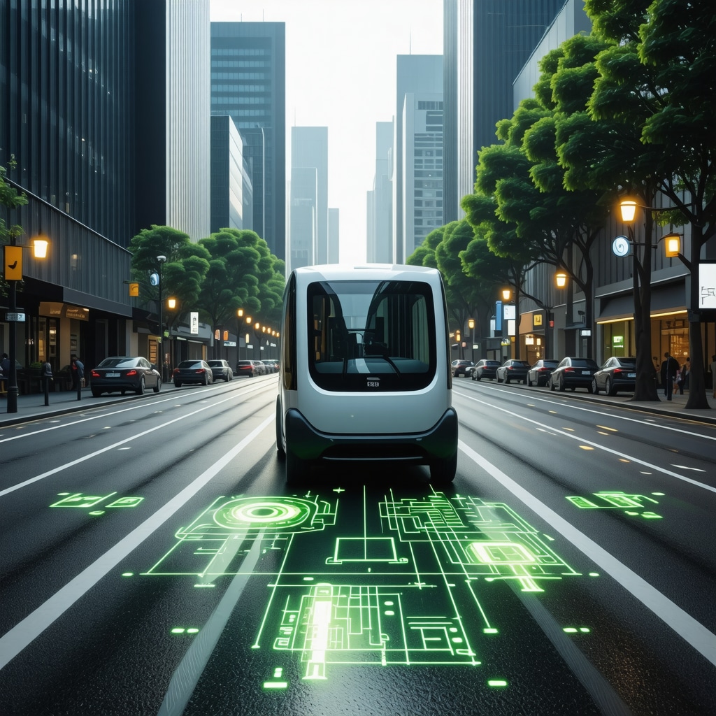 Autonomous electric laundry delivery vehicles navigating smart city streets with IoT data overlays and green energy symbols