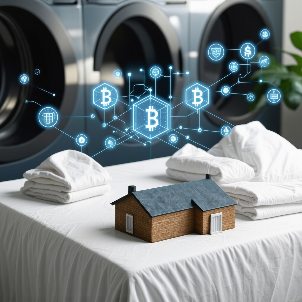 Illustration of blockchain technology enhancing transparency in laundry services for short-term rentals