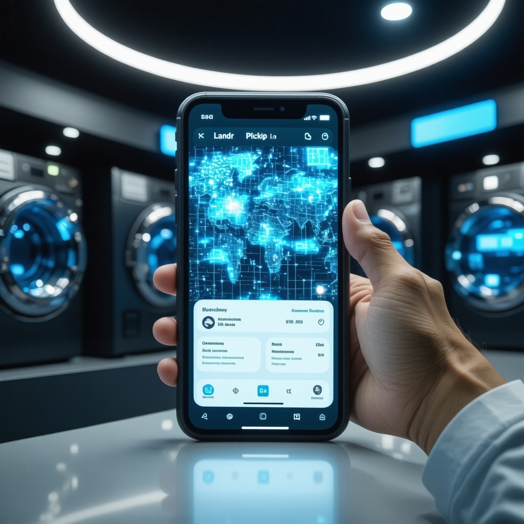 Digital interface depicting blockchain ledger and AR fabric care visualization for laundry pickup