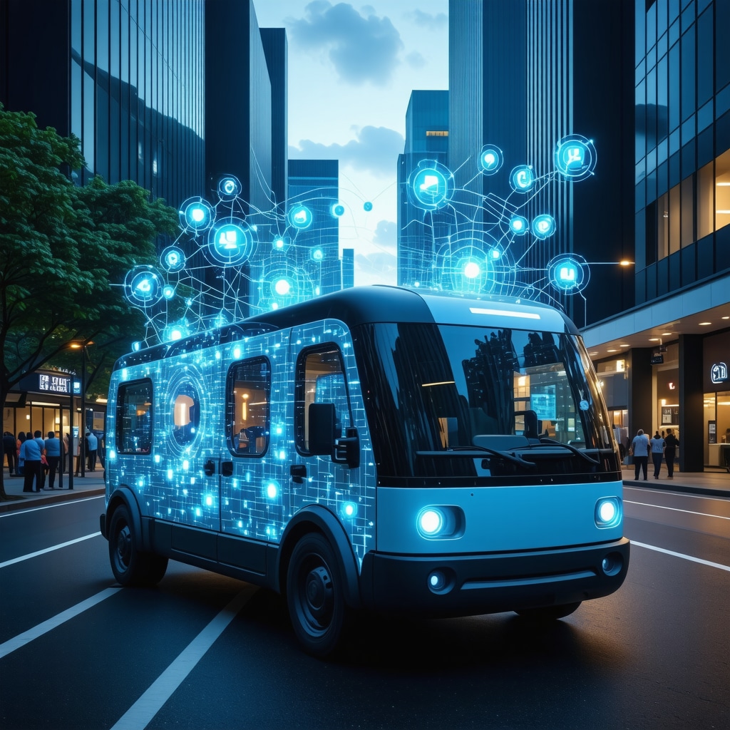 Smart laundry pickup van with IoT sensors and blockchain data overlays in urban setting