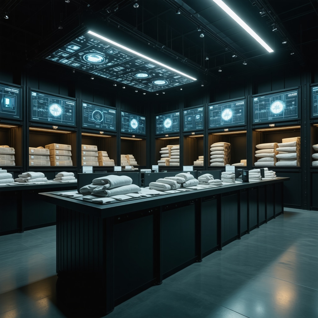 Control room showcasing blockchain and IoT monitoring bulk laundry containers and textiles