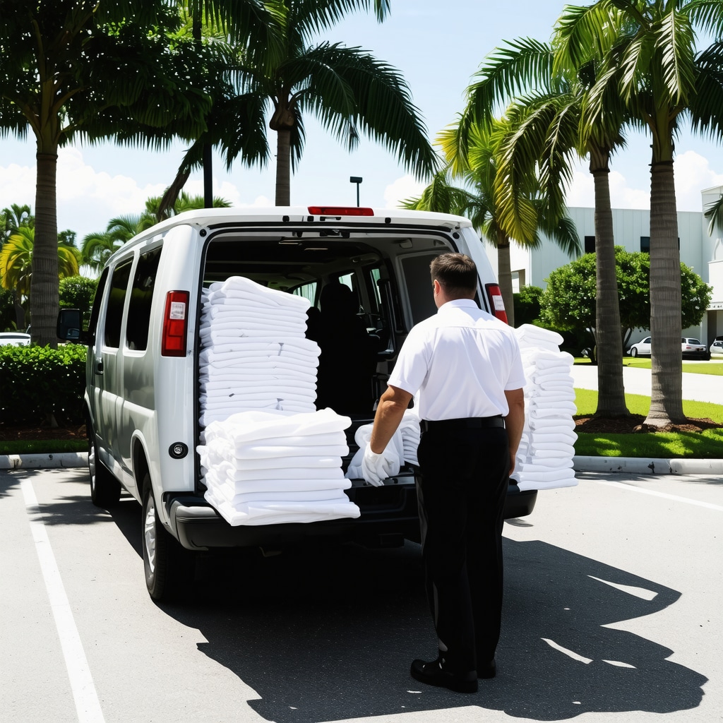Laundry service van with clean linens outside Tampa Bay wedding venue