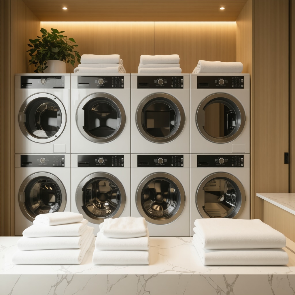 Advanced eco-friendly laundry machines and folded luxury linens ready for vacation rental pickup