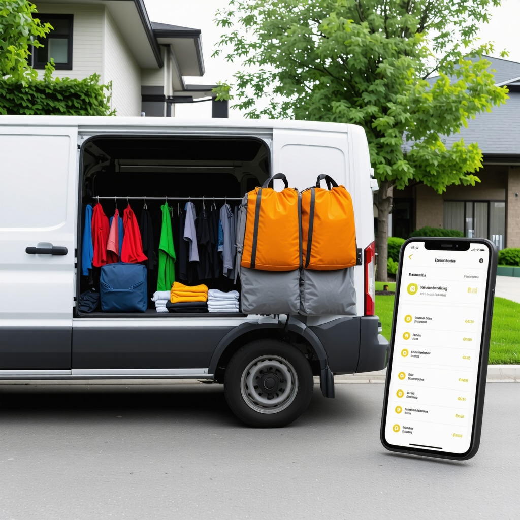 Eco-friendly laundry pickup vehicle with reusable bags and smartphone app scheduling