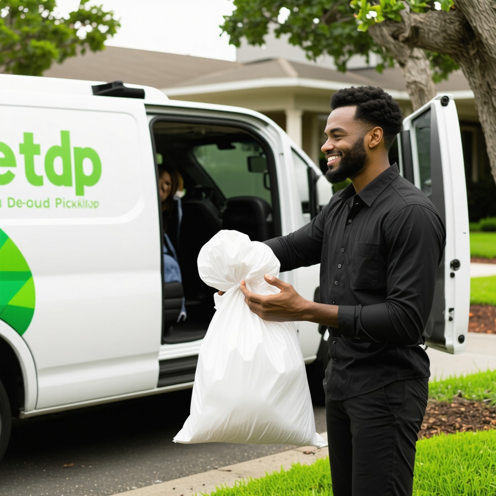 Laundry delivery professional handing folded laundry to customer at doorstep with eco-friendly and contactless service branding