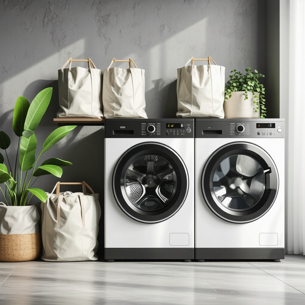 Eco-friendly laundry delivery service with reusable bags and modern machines in bright laundry room