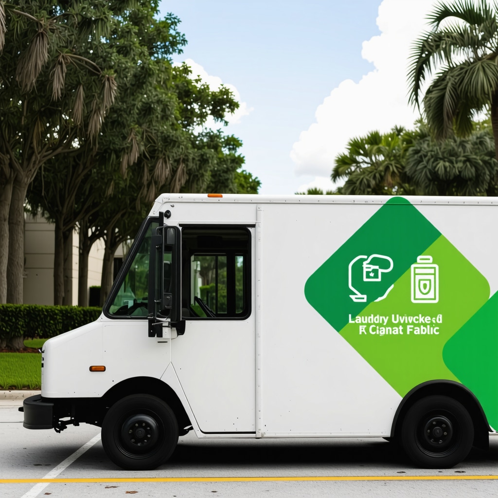 Laundry pickup service vehicle with eco-friendly branding near University of South Florida campus