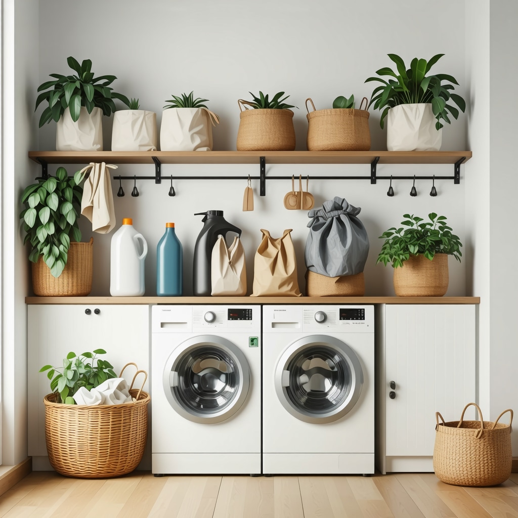 Modern laundry room with reusable bags and eco-friendly detergent bottles representing sustainable laundry pickup