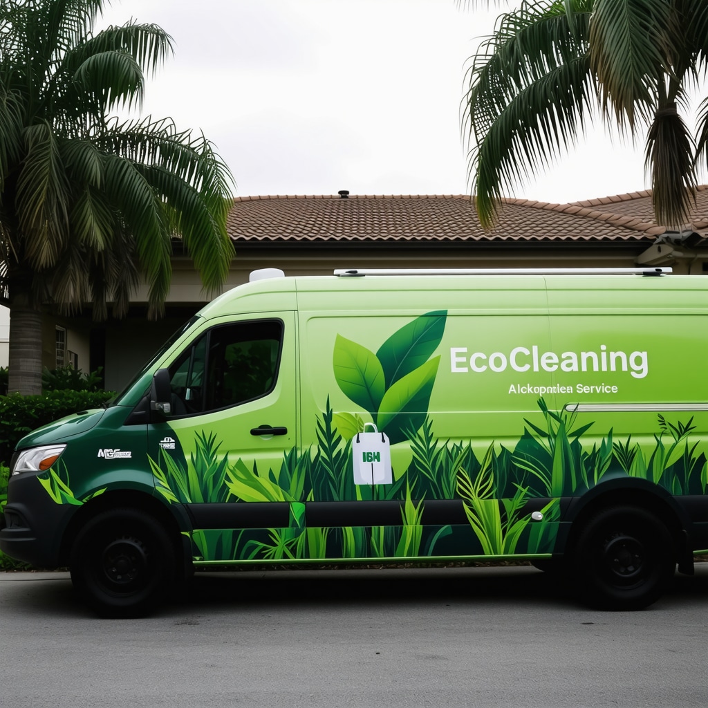 Pickup dry cleaning van with eco-friendly packaging and AI scheduling app interface in Temple Terrace