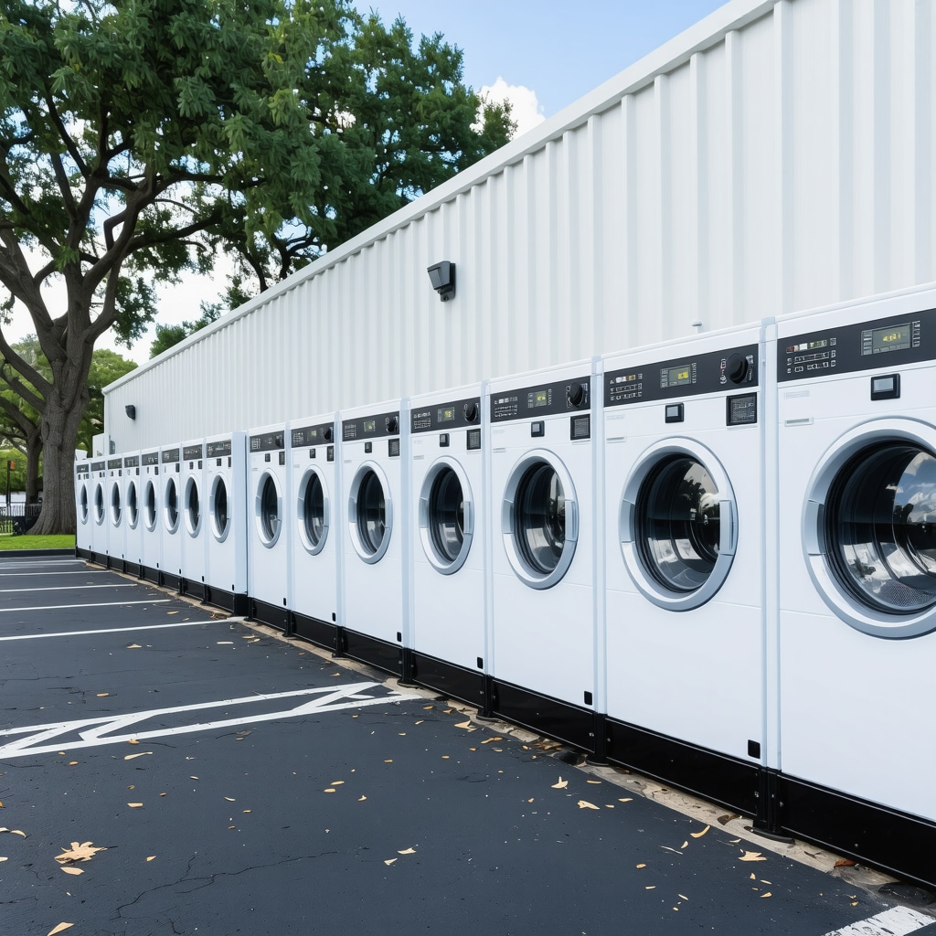 Smart eco-friendly laundry machines and electric delivery vans in a suburban setting near Wiregrass Ranch