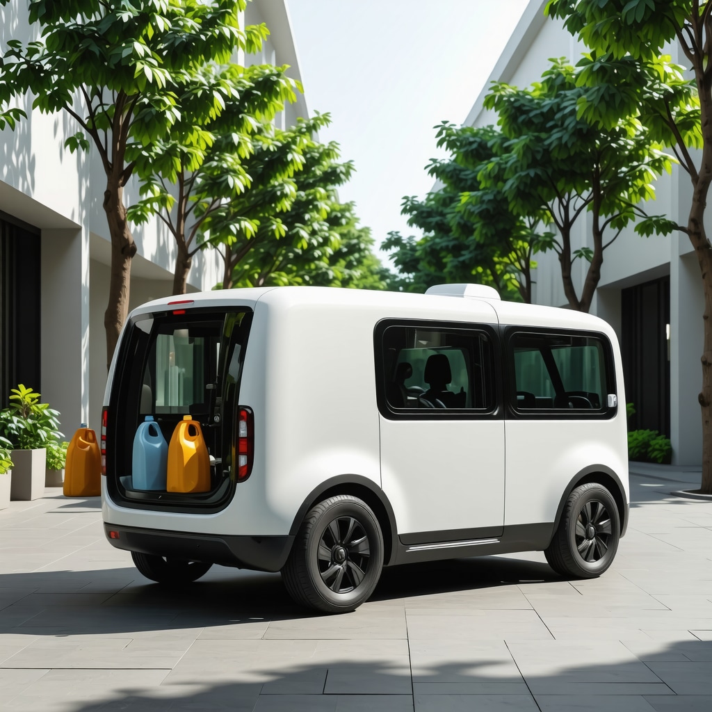 Electric laundry pickup van with GPS icons, eco-friendly detergent bottles, and reusable laundry bags in an urban environment