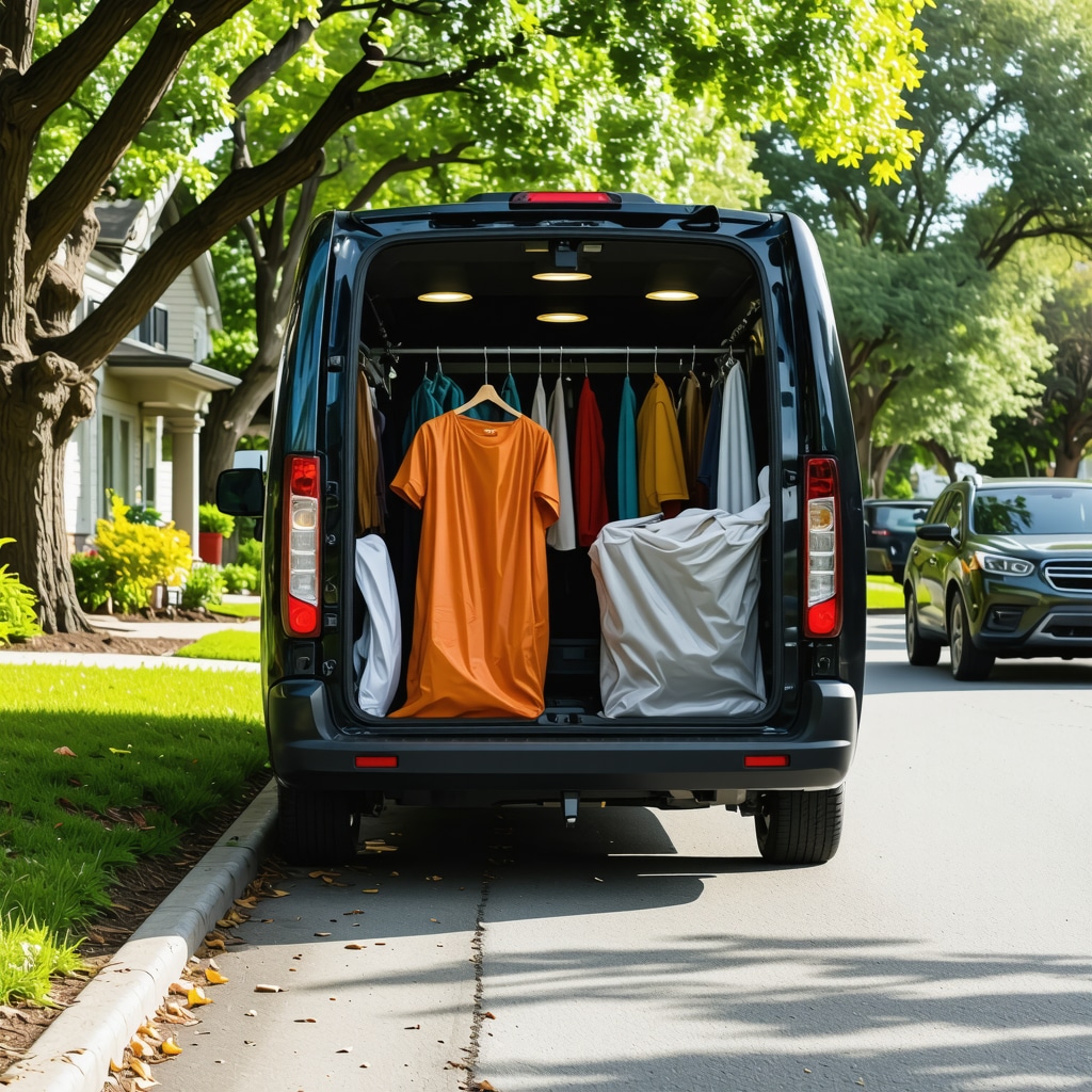 A smart laundry pickup van with eco-friendly packaging delivering laundry in a suburban Lutz neighborhood