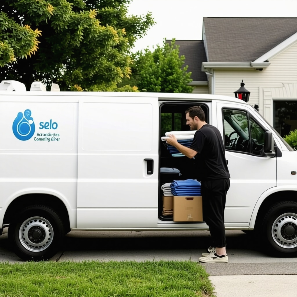 Laundry delivery professional handing over folded laundry to a customer at home in Westchase FL with eco-friendly branding on van