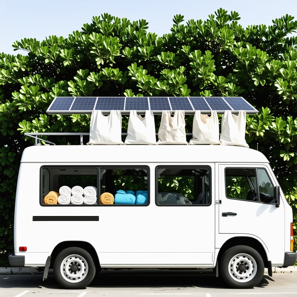 Eco-friendly laundry service van featuring reusable bags and solar panels in Tampa