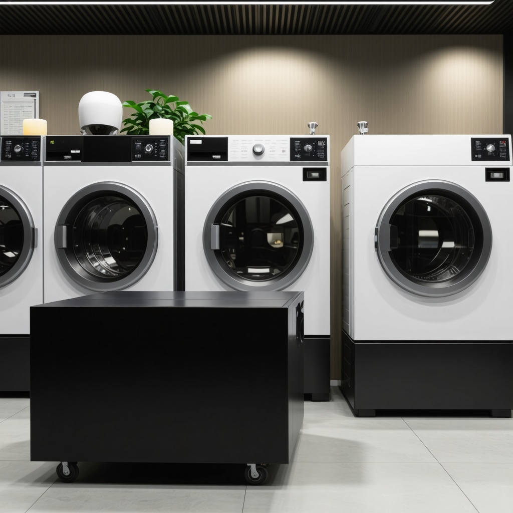 Interior of a high-tech laundry service using energy-efficient machines and automated folding robots alongside electric delivery vans