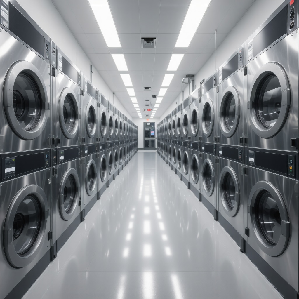 Industrial laundry facility showing eco-friendly equipment and bulk linen processing