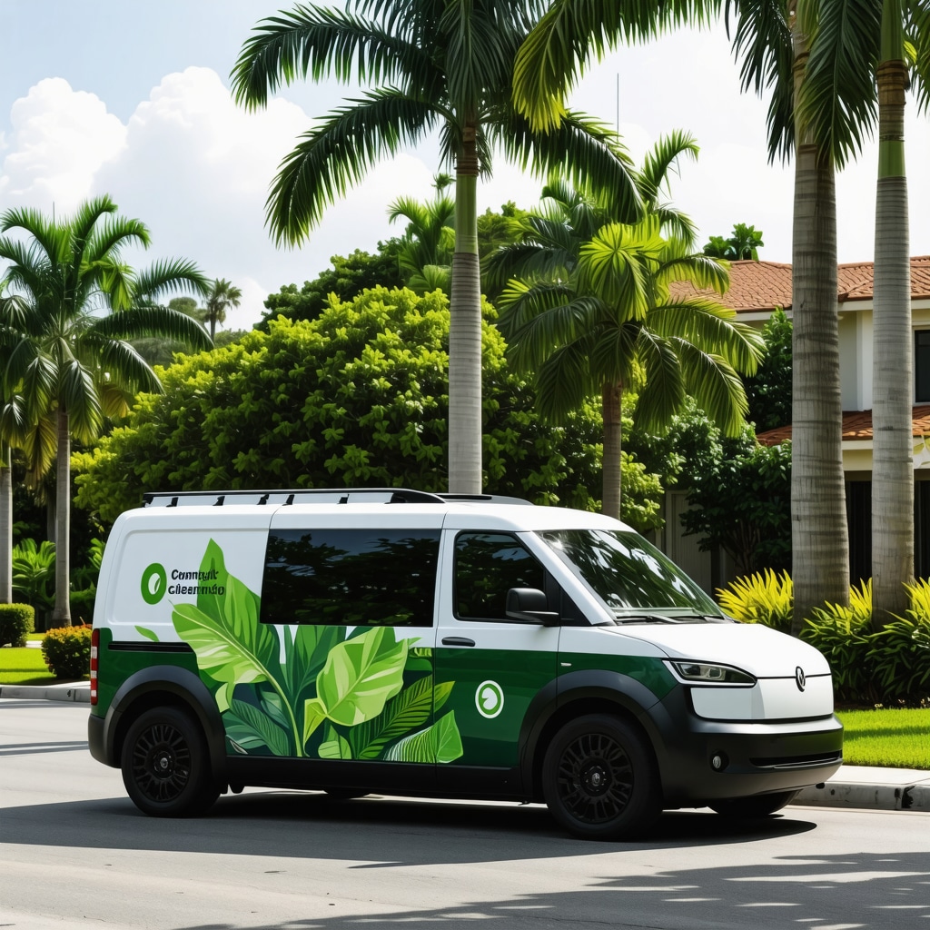 Eco-friendly dry cleaning delivery van navigating Palm Harbor neighborhood